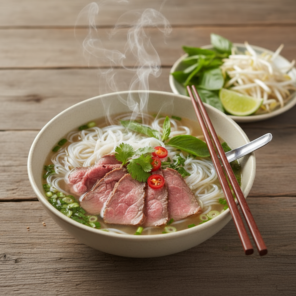 Vietnamesische Phở mit Stäbchen (und Löffel) auf Holz